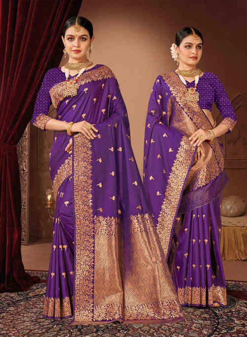 Purple Banarasi Silk Saree With Woven Floral Motifs And Blouse Piece