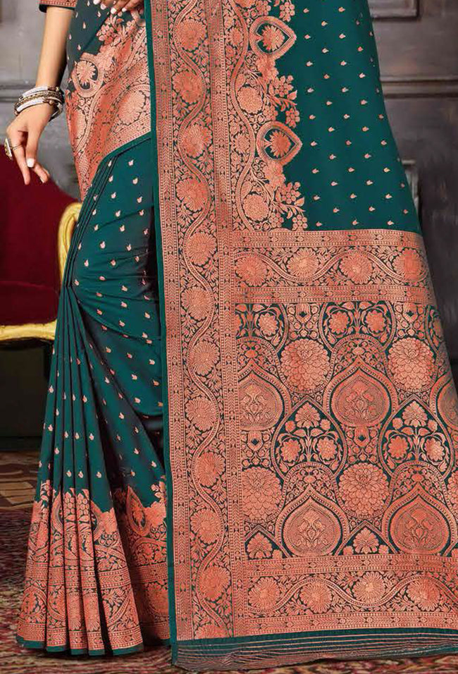 Dark Teal Weaving Silk Saree With Zari Border Tassal Pallu Blouse Piece