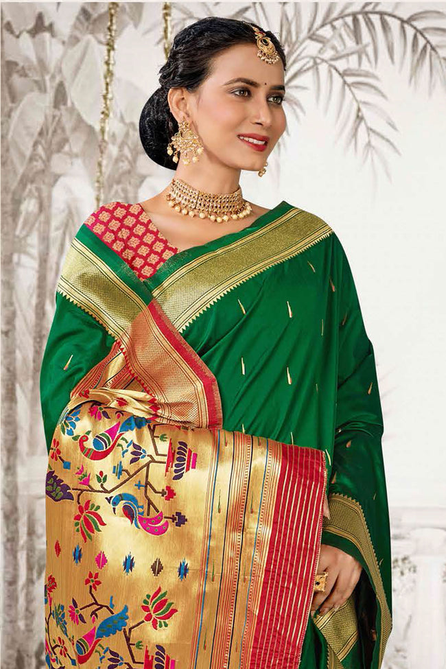 Forest Green With Red Woven Art Silk Paithani  Saree