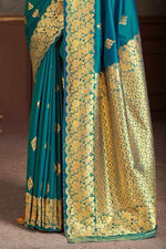 Steel Blue Woven Silk Saree And Blouse Piece