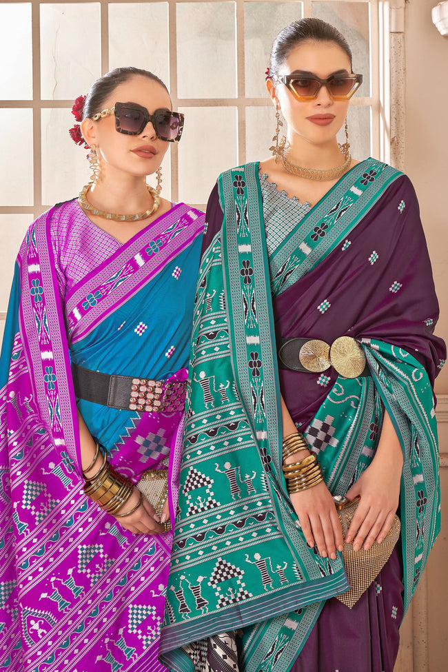 Plum With Mint Patola Print Silk Designer Saree