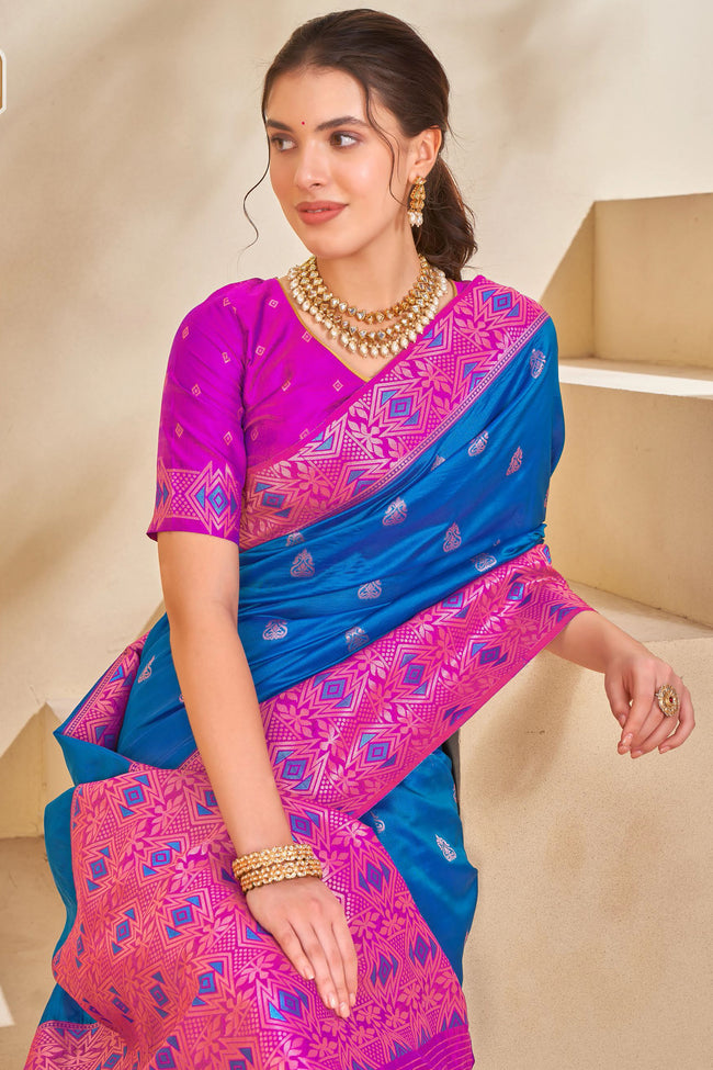 Shimmering Blue & Pink Woven Festival Wear Silk Saree With Blouse Piece