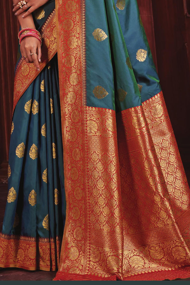 Elegant Blue with Red Border Art Silk Wedding Saree