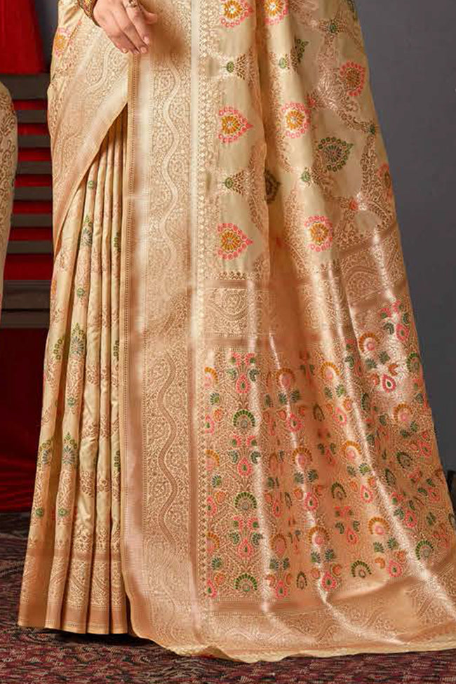 Golden Color Heavy Woven Silk Saree And Blouse Piece