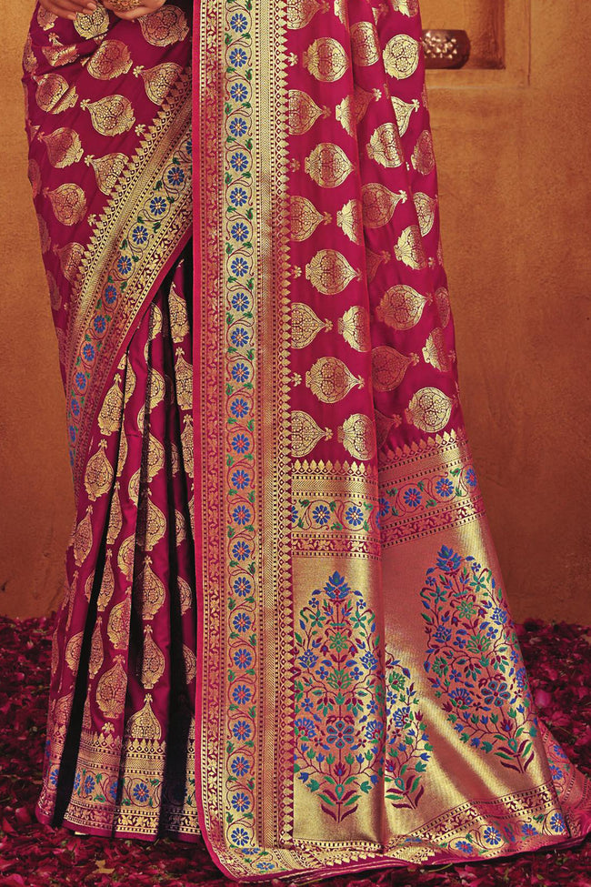 Maroon & Gold-Toned Woven Design Zari Buti Silk Blend Banarasi Saree