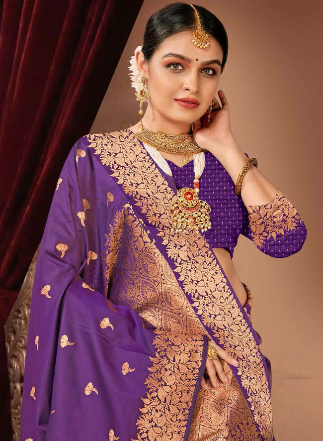 Purple Banarasi Silk Saree With Woven Floral Motifs And Blouse Piece