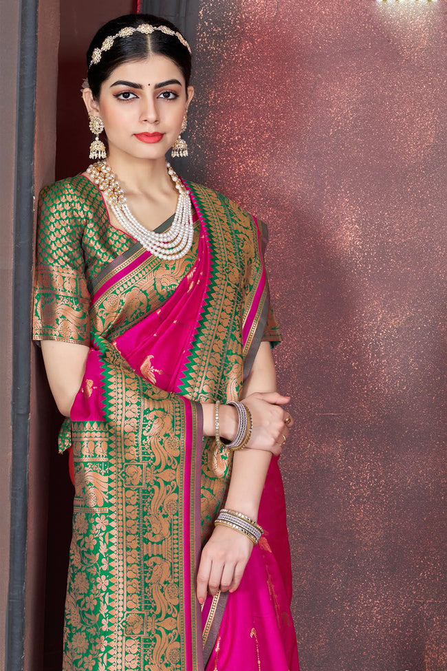 Pink With Green Border Wedding Wear Art Silk Saree