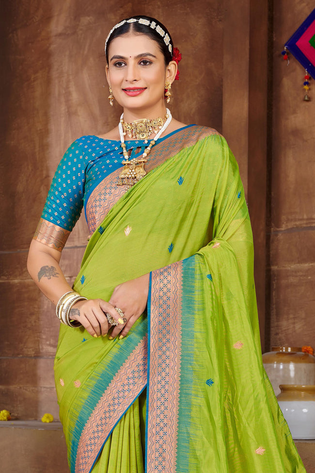 Lime Green With Steel Blue Border Silk Traditional Saree