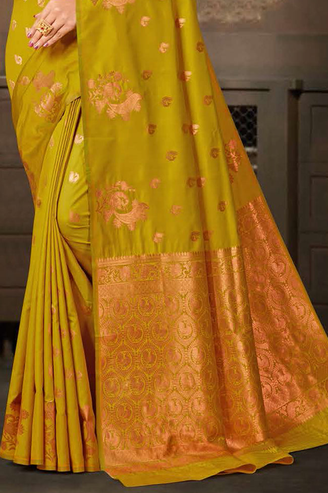 Lime Yellow Saree In Silk Blend With Weaved Floral Motifs And Blouse Piece