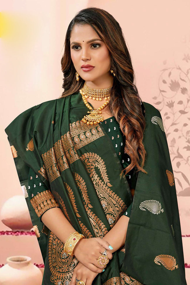 Forest Green Saree In Silk Blend With Weaved Floral Motifs And Blouse Piece