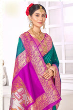 Dark Cyan With Pink Border Traditional Wear Art Silk Saree