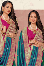 Turquoise With Pink Weaving Work Festive Wear Saree