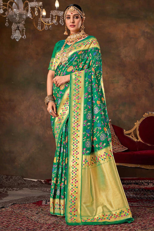 Sea Green Foil Print Silk Saree And Blouse Piece