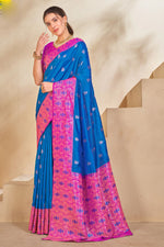 Shimmering Blue & Pink Woven Festival Wear Silk Saree With Blouse Piece