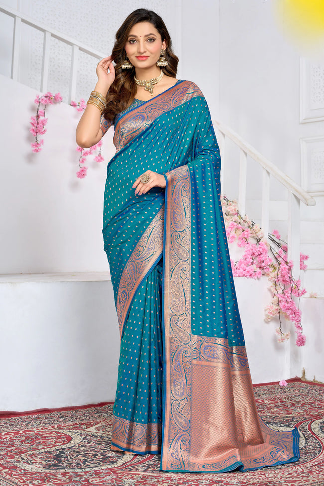 Teal Blue With Weaving Zari Border Silk Saree