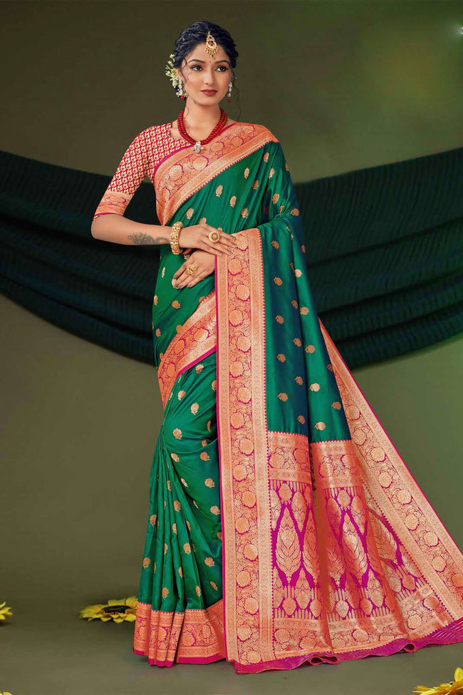 Forest Green Woven Art Silk Saree With Blouse Piece