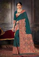 Dark Teal Weaving Silk Saree With Zari Border Tassal Pallu Blouse Piece