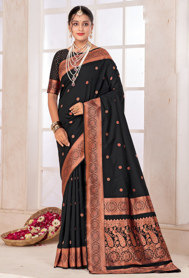 Black Arts Silk Paithani Saree With Blouse Piece