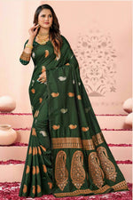 Forest Green Saree In Silk Blend With Weaved Floral Motifs And Blouse Piece