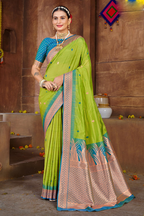 Lime Green With Steel Blue Border Silk Traditional Saree