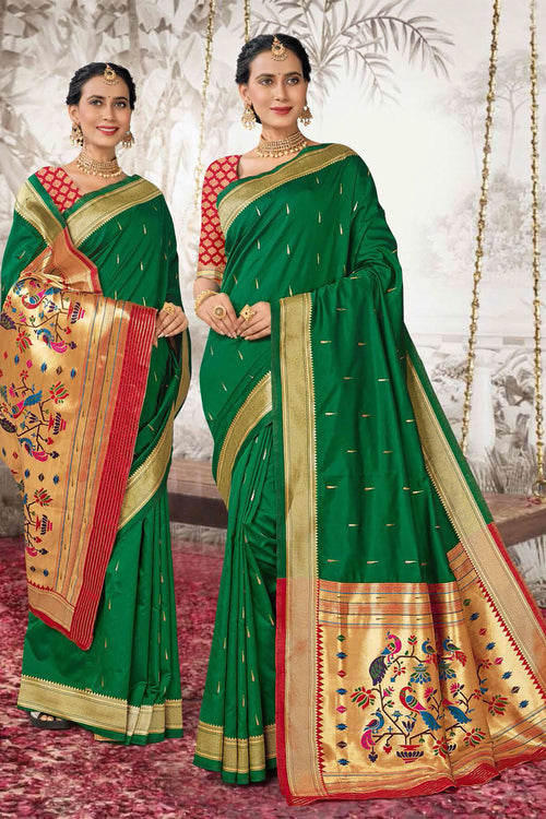 Forest Green With Red Woven Art Silk Paithani  Saree