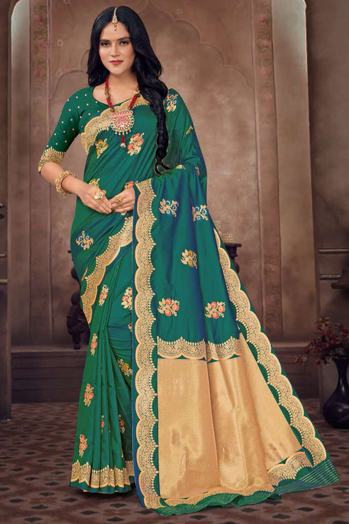 Teal Embroidered Art Silk Saree With Blouse Piece