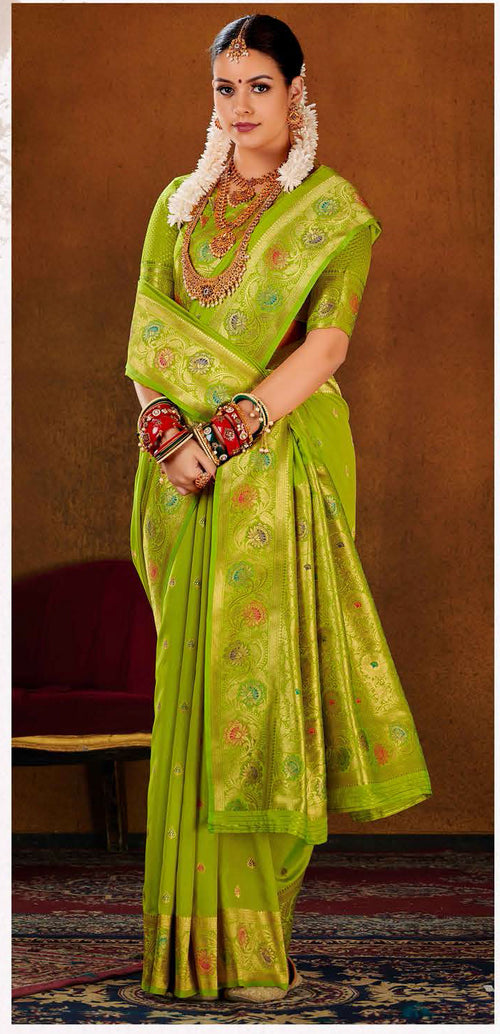Lime Green Soft Woven Silk Saree And Blouse Piece