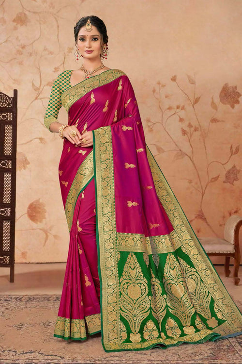 Crimson Red With Green Woven Art Silk Saree