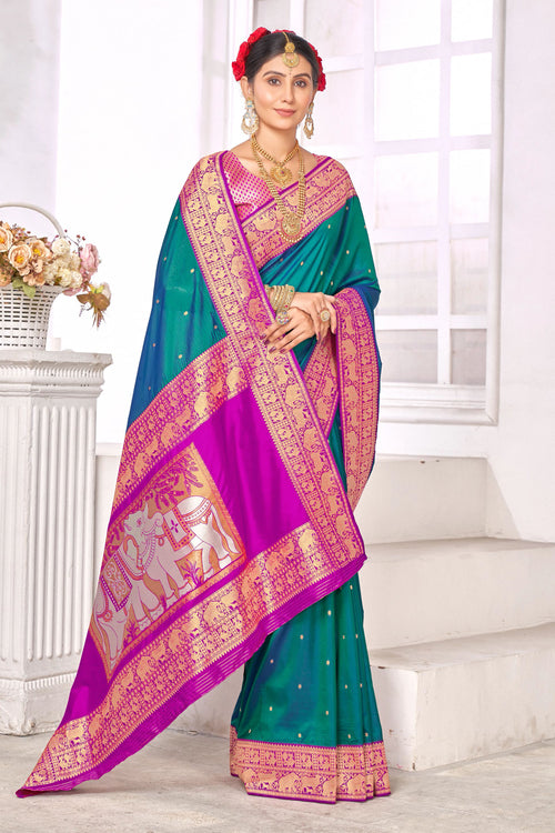 Dark Cyan With Pink Border Traditional Wear Art Silk Saree