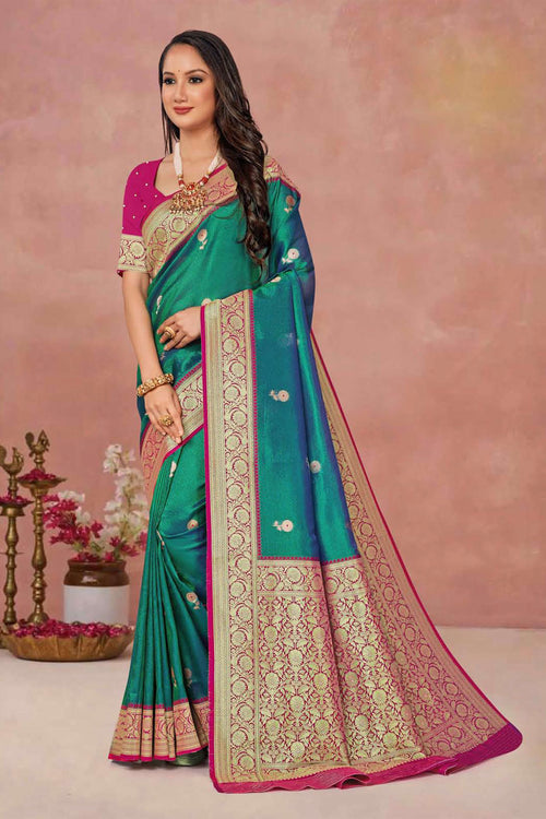 Turquoise With Pink Weaving Work Festive Wear Saree