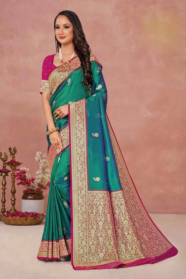 Turquoise With Pink Weaving Work Festive Wear Saree