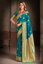 Steel Blue Woven Silk Saree And Blouse Piece
