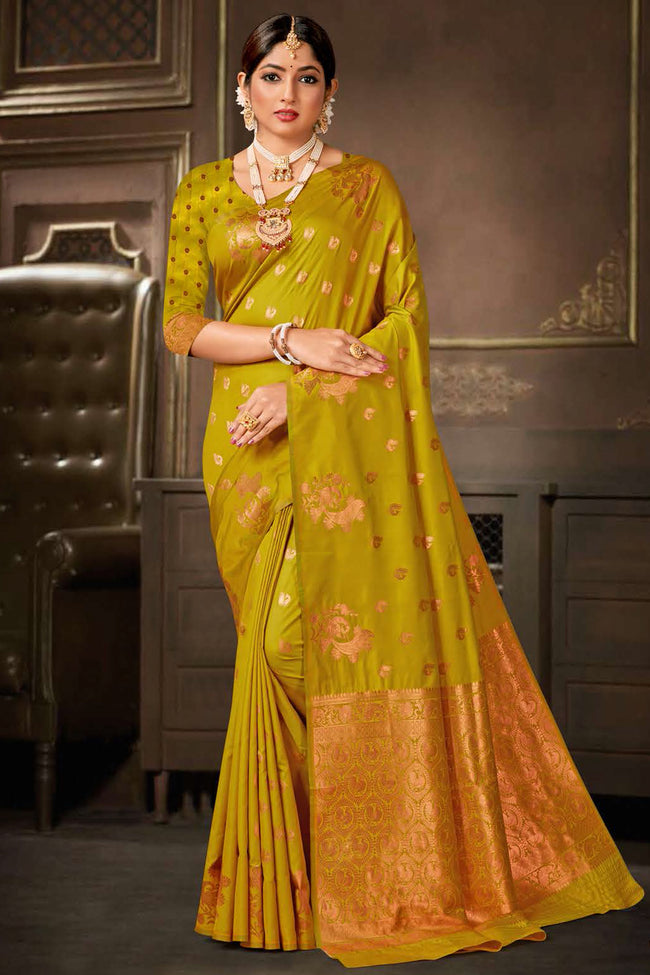 Lime Yellow Saree In Silk Blend With Weaved Floral Motifs And Blouse Piece
