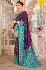 Plum With Mint Patola Print Silk Designer Saree