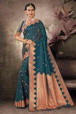 Dark Teal Art Silk Traditional Saree With Blouse Piece