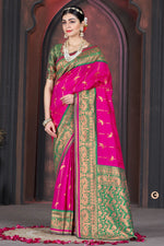 Pink With Green Border Wedding Wear Art Silk Saree