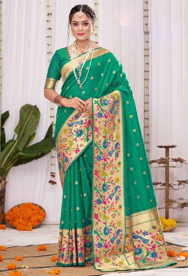 Blarney Green Banarasi Silk Saree With Paithani Pallu And Blouse Piece