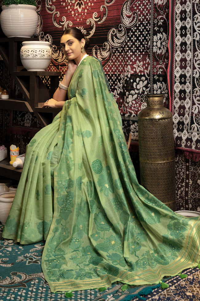 Green Soft Cotton Weaving Jamdani Saree