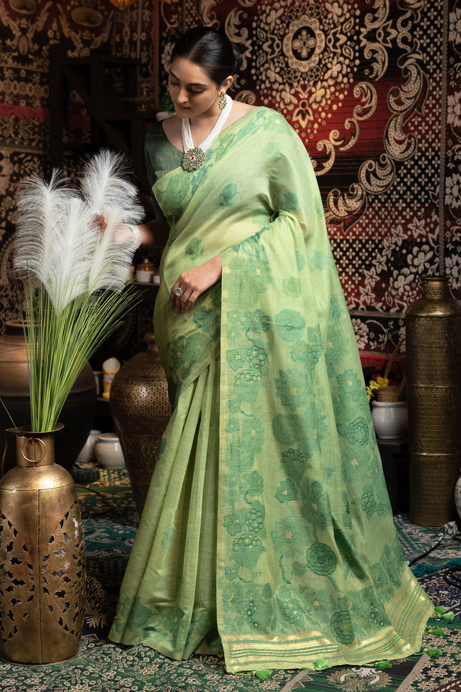 Green Soft Cotton Weaving Jamdani Saree