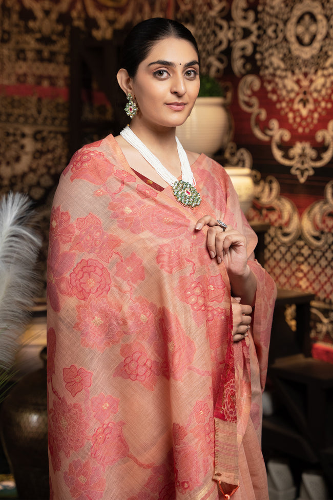 Light Peach Soft Cotton Weaving Jamdani Saree