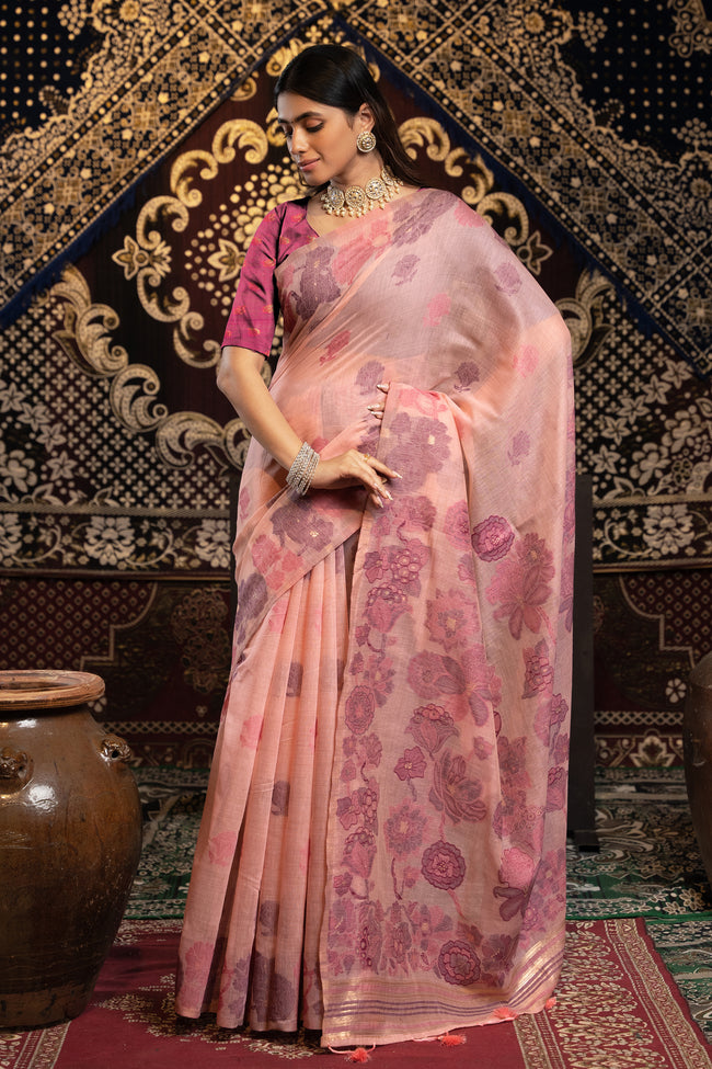 Rose Pink Soft Cotton Weaving Jamdani Saree
