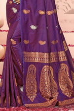 Dark Purple Saree In Silk Blend With Weaved Floral Motifs And Blouse Piece