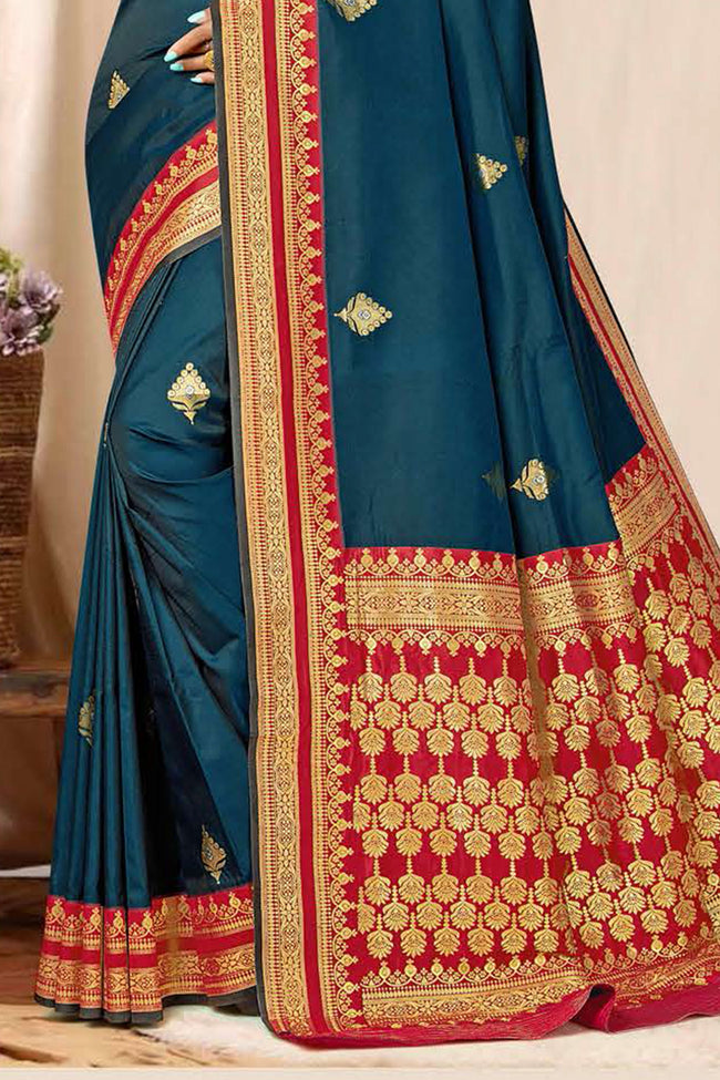 Dark Teal Blue With Red Border Woven Art Silk Saree With Blouse Piece