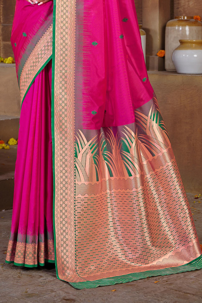 Rani Pink With Green Border Silk Traditional Saree