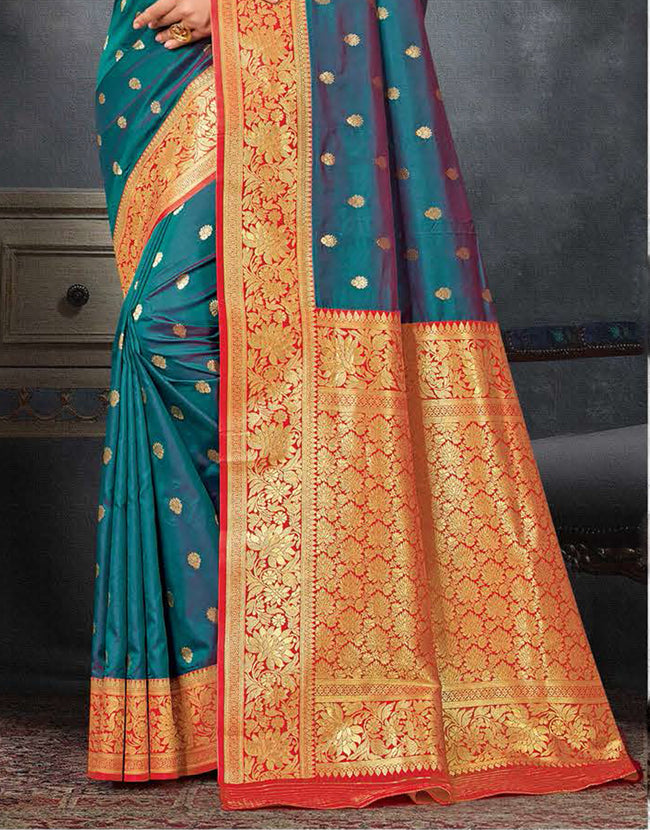 Teal Blue With Red Woven Art Silk Saree With Blouse Piece