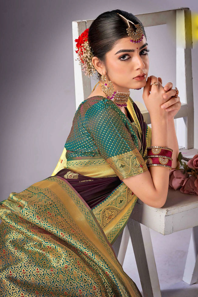 Brown With Teal Woven Art Silk Saree