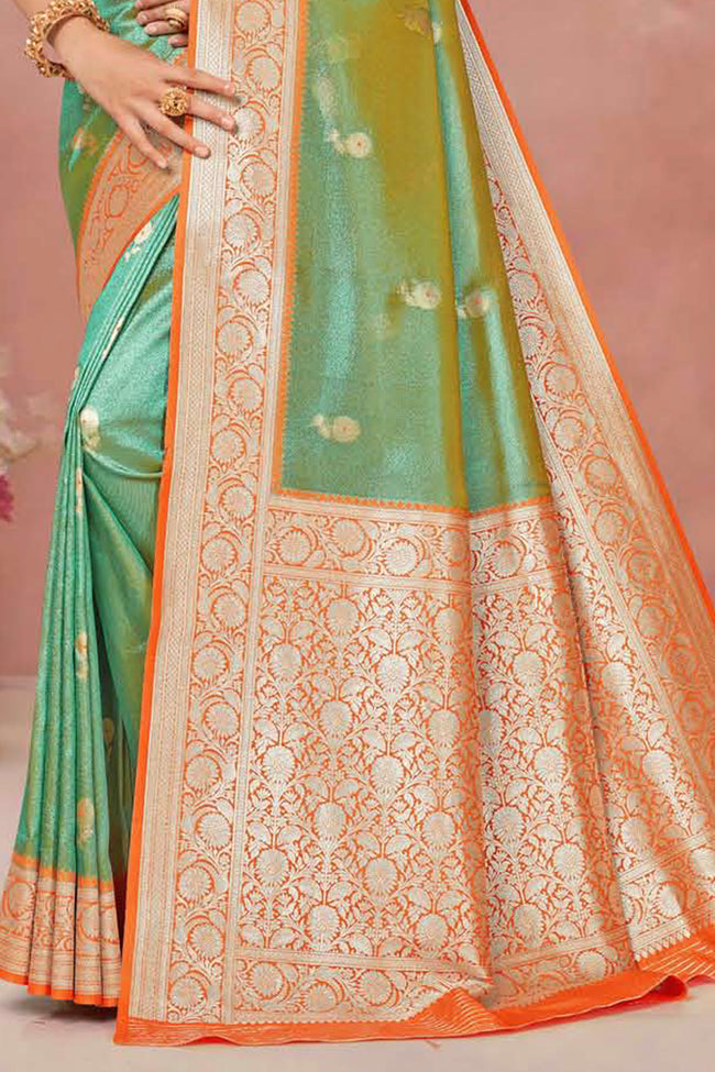 Spring Green With Orange Weaving Work Festive Wear Saree