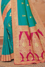 Elegant Turquoise With Red Woven Art Silk Saree