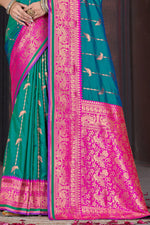 Dark Teal With Pink Border Wedding Wear Art Silk Saree