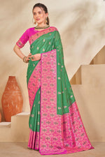 Mint Green & Pink Woven Festival Wear Silk Saree With Blouse Piece